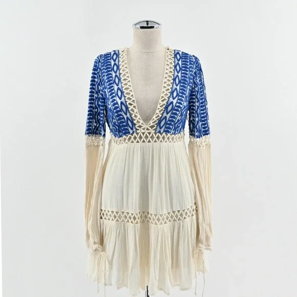 Free People Dusk Till Dawn Dress Sz 2 Blue Embroidered Bohemian Festival Tiered - Picture 1 of 15